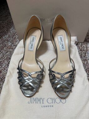 Jimmy Choo Pewter Metallic Strappy Open-Toe Heels